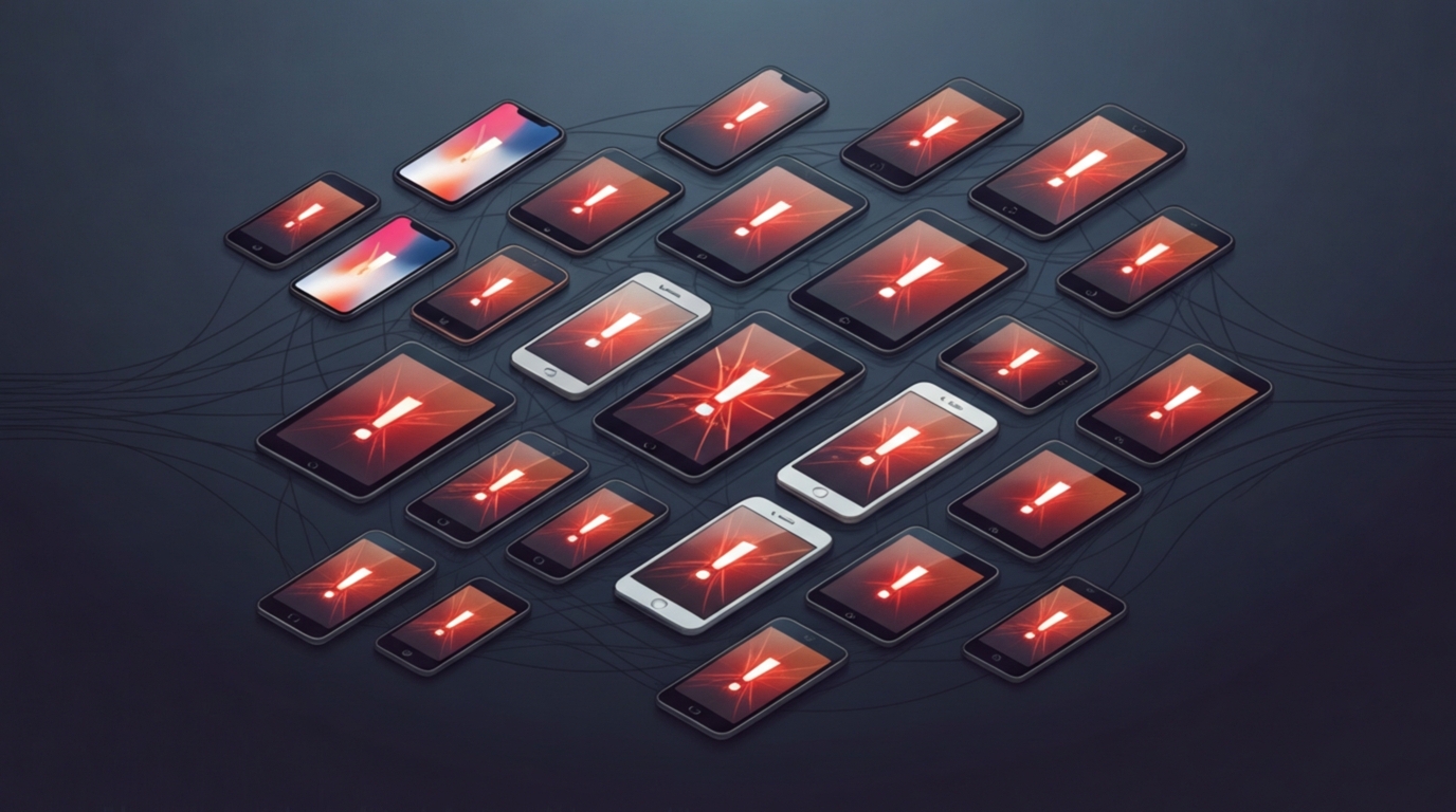 Varios dispositivos Apple antiguos mostrando alertas críticas de seguridad en rojo.