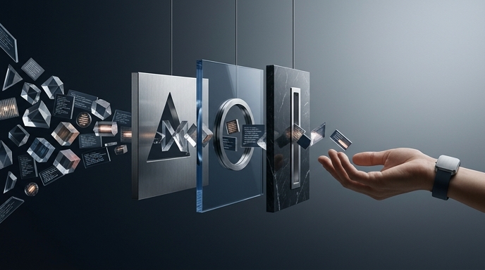 Un flujo de datos pasando por paneles de filtrado hacia un reloj inteligente, simbolizando restricciones de privacidad de Apple.