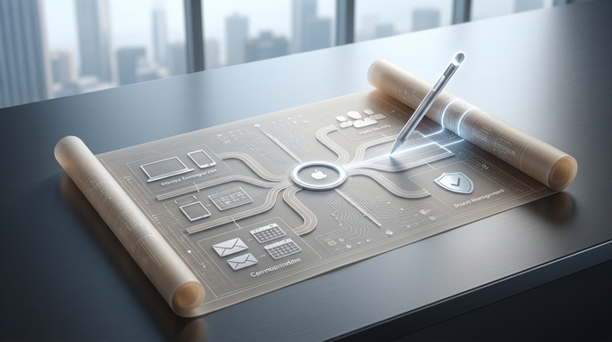 Un plano digital sobre un escritorio de oficina muestra un esquema unificado de servicios empresariales de Apple.