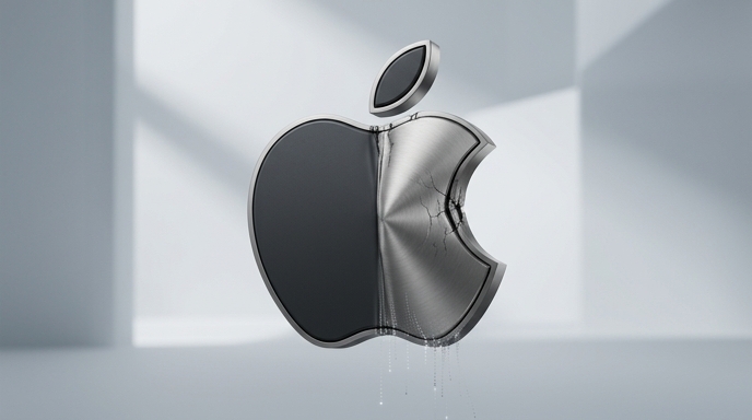 Un logo de Apple metálico con grietas y marcas de pliegues en su superficie, simbolizando reveses técnicos.