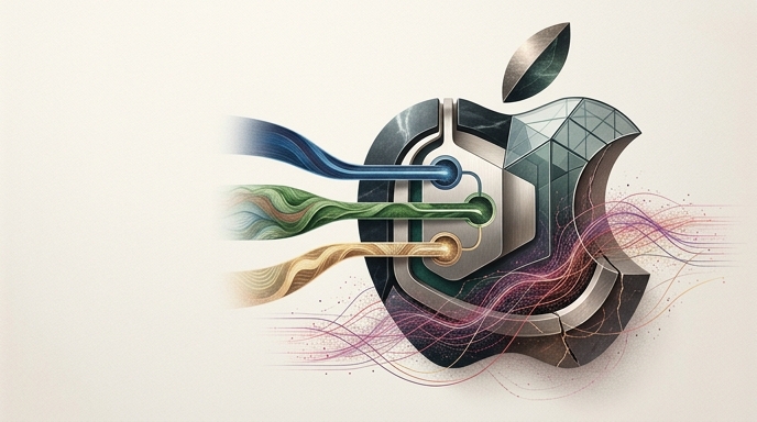 Un emblema de Apple abstracto, fragmentado y mecánico, que integra flujos de datos externos y se conecta a fuentes de IA.