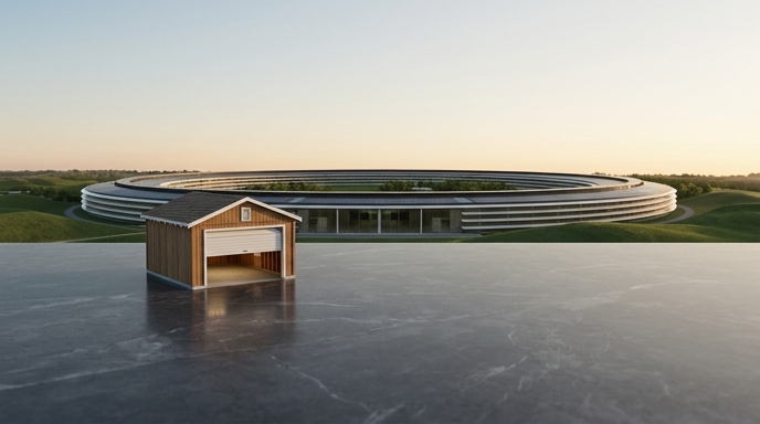 Un garaje de madera en miniatura se alza ante el majestuoso campus circular de Apple Park al amanecer, simbolizando 50 años de evolución.