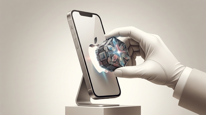 Una mano con guante blanco inserta un cubo con el logo de Google Gemini en un iPhone, ilustrando la integración de IA.