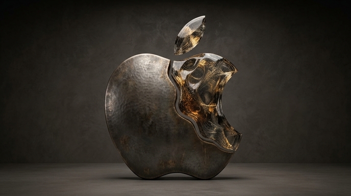 Escultura conceptual de la manzana de Apple hecha de metal texturizado y un material cristalino complejo y separado, representando sus 50 años y su desafío de IA sin resolver.