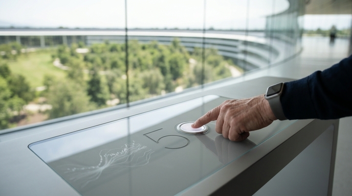 Un primer plano de una mano con un Apple Watch presionando un botón con el número 50 en el Apple Park, Cupertino.