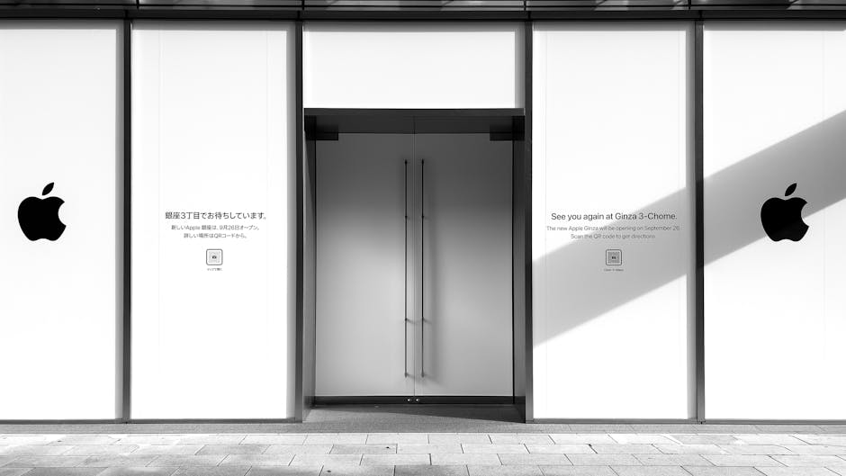 Imagen monocromática de una tienda minimalista en Ginza, Tokio, con simetría arquitectónica.
