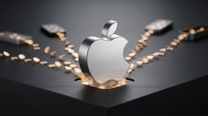 Un logotipo de Apple metálico recolectando monedas de oro de múltiples dispositivos de fondo.