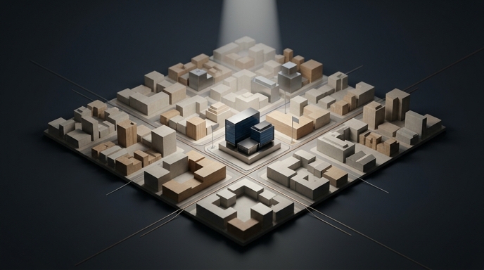 Maqueta minimalista de una ciudad con un edificio central destacado por un foco de luz.