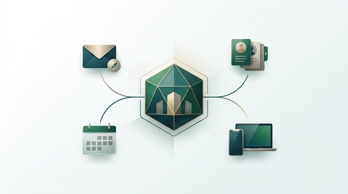 Ilustración de un centro unificado que conecta iconos de correo, calendario, perfiles y dispositivos para Apple Business.