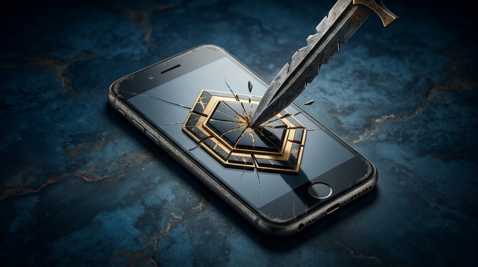 Un puñal oscuro impacta contra un iPhone con pantalla agrietada sobre mármol azul, simbolizando una ciberamenaza.