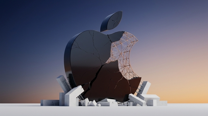 Ilustración de un monumental logotipo de Apple fracturado, con su base en ruinas y una estructura interna expuesta de andamios.