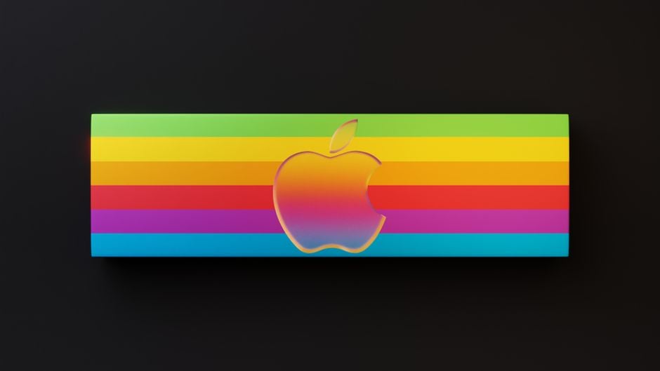 Logotipo vibrante de Apple en medio de rayas de arcoíris sobre un fondo oscuro.