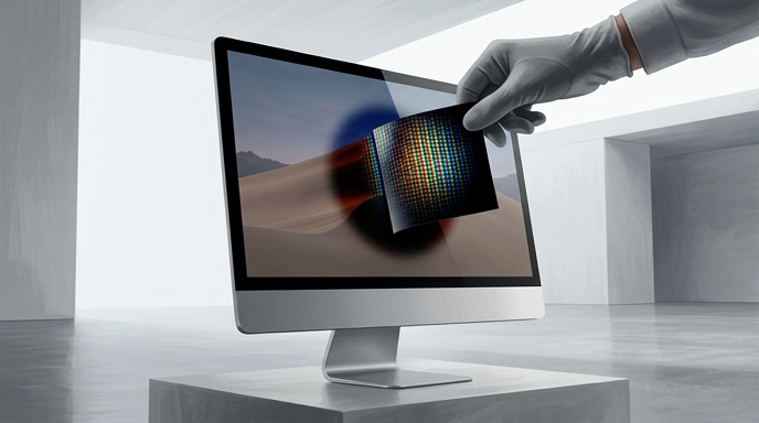 Una mano con guante sostiene una muestra de panel OLED sobre una pantalla de iMac, representando pruebas de tecnología.