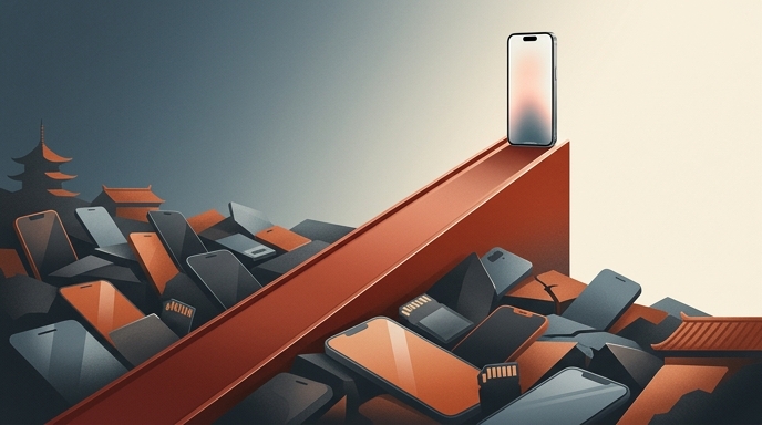 Un teléfono brillante se eleva sobre una rampa roja, destacando ante un montón de móviles oscuros y arquitectura china.