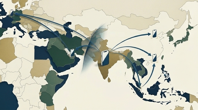 Mapa ilustrado mostrando la reorientación de exportaciones de iPhones desde India hacia Europa y Asia Oriental.