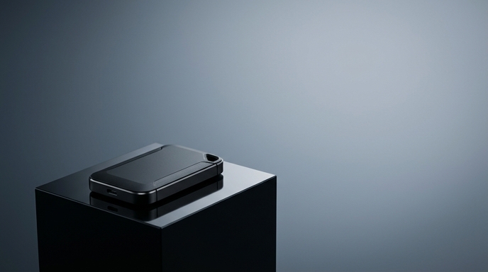 Unidad SSD externa de color negro mate sobre un pedestal de piedra pulida, destacando su diseño minimalista y elegante.