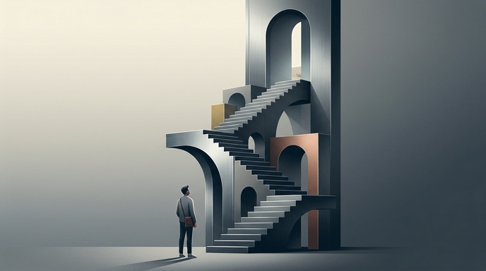 Ilustración de un desarrollador frente a una escalera monumental y laberíntica, que simboliza los obstáculos de la comisión del 27% de Apple.