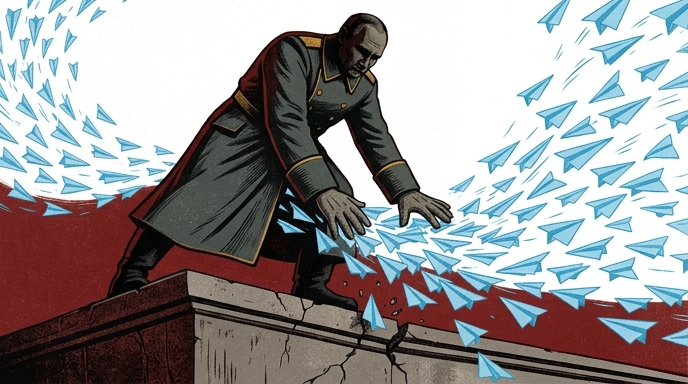 Ilustración de Putin en uniforme, parado sobre un pedestal agrietado, tratando en vano de detener una abrumadora ola de aviones de papel azules, símbolo de Telegram.