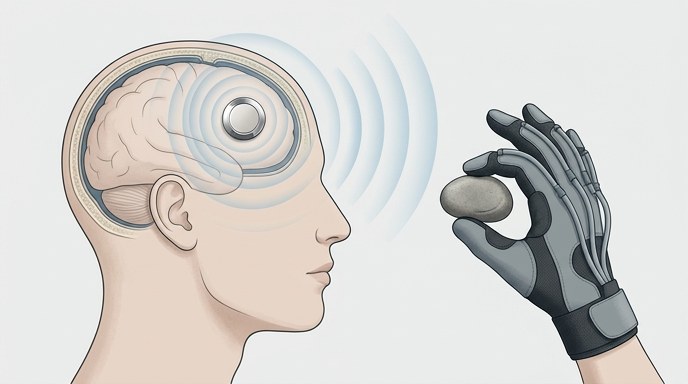 Ilustración médica de un implante cerebral enviando señales inalámbricas a un guante robótico para sujetar una piedra.