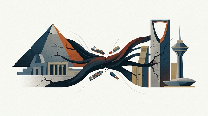 Ilustración editorial que muestra la economía de Egipto y Arabia Saudí afectada por el conflicto regional.