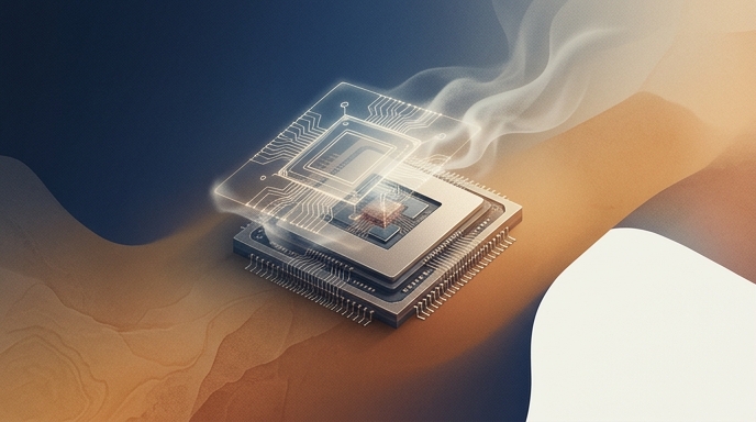 Un microchip de IA transformándose de un diseño transparente a un procesador físico, simbolizando el cambio de Arm.