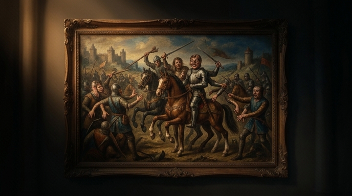 Pintura de batalla con figuras deformes colgadas en una pared oscura, ilustrando la controversia del arte generado por IA en los juegos.