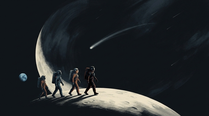 Ilustración editorial de cuatro astronautas caminando sobre la Luna bajo el paso de un cometa y meteoros.