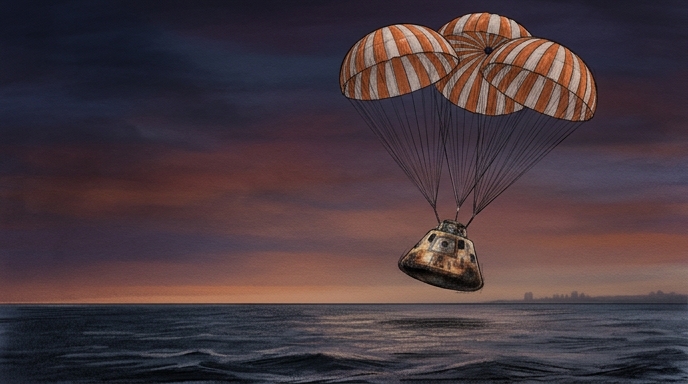 Ilustración de la cápsula Orion descendiendo con paracaídas sobre el océano Pacífico durante el atardecer.