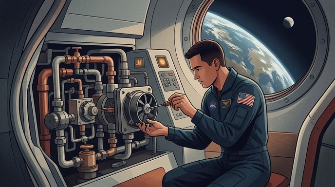 Astronauta reparando sistema de la nave en ruta a la Luna.