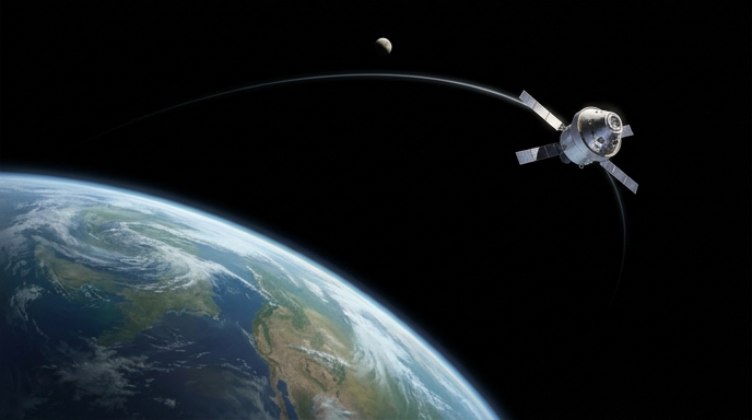 La cápsula Orion de la NASA orbita la Tierra a gran altura, con la Luna visible a lo lejos, siguiendo su trayectoria.