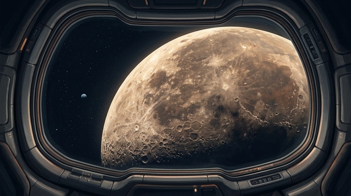 Vista de la superficie lunar y una pequeña Tierra desde la ventana de la nave espacial Orion.