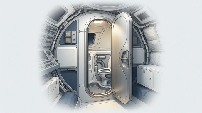 Un primer plano del compartimento de higiene de la nave Orion, mostrando la puerta cerrada y los materiales de construcción de la cápsula espacial.