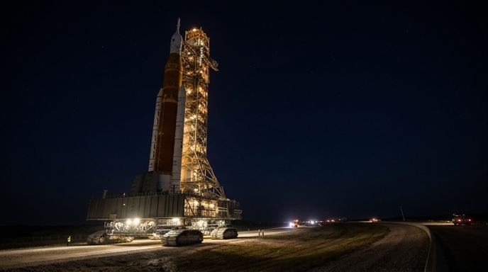 Cohete SLS de la misión Artemis II de la NASA moviéndose de noche sobre su plataforma de transporte.