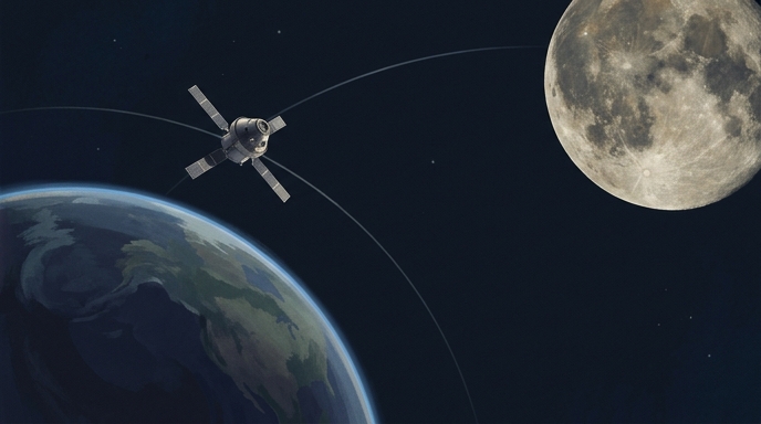 Ilustración de la nave Orion orbitando la Tierra en su trayectoria inicial hacia la Luna.