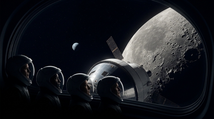 Cuatro astronautas en la nave Orion observan la Luna y la Tierra desde una ventana durante su misión orbital.