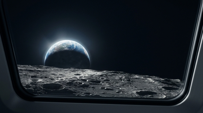Vista de la Tierra poniéndose tras el horizonte lunar texturizado, capturada desde la ventana de la nave Orion.