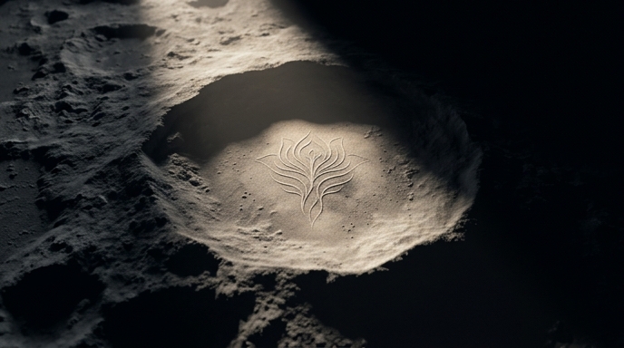 Un cráter lunar iluminado con un diseño floral tallado en el centro como un memorial.