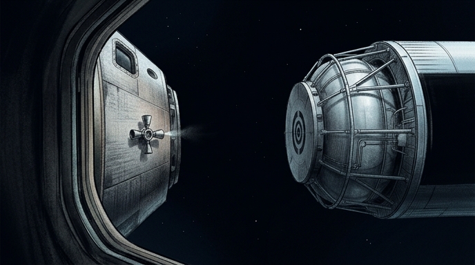 Ilustración de la cápsula Orion acercándose a la etapa del cohete ICPS en una prueba de manejo manual.