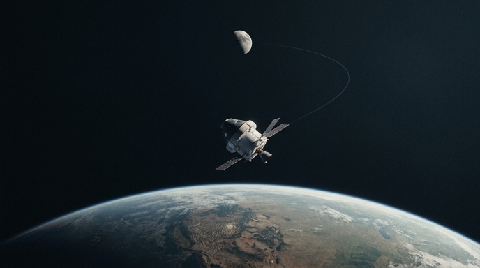 La nave Orion de Artemis II orbita la Tierra y se dirige hacia la Luna, con una estela sutil de su trayectoria.