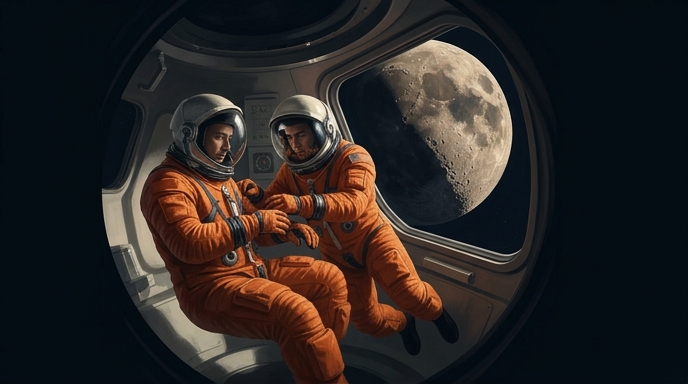 Dos astronautas con trajes espaciales naranjas flotan dentro de la nave Orion con la Luna visible a través de la ventana.