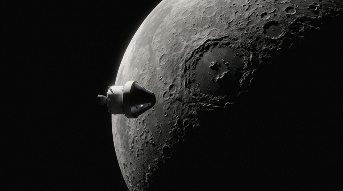 ** Una imagen de la nave espacial Orion de la NASA volando cerca de la Luna.