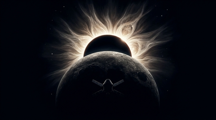 Un eclipse solar visto desde detrás de la Luna, con la nave Orion en silueta contra el disco lunar.