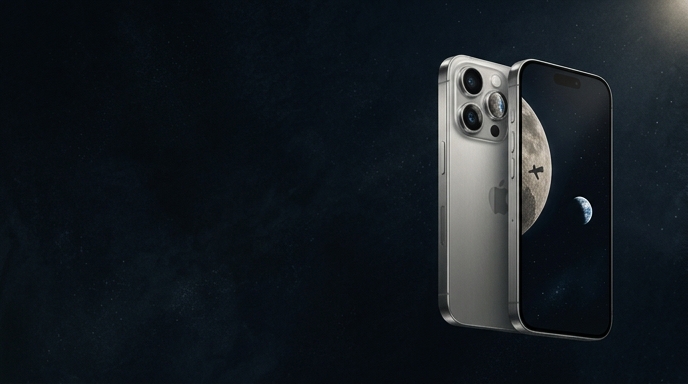 Dos iPhone 17 Pro Max plateados flotan en el espacio profundo. En una pantalla se ve un reflejo detallado de la Luna y la Tierra.