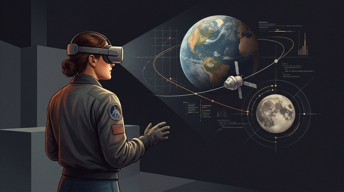 Ingeniera de la NASA utilizando un casco de realidad virtual para simular y visualizar la trayectoria de la misión lunar Artemis II.