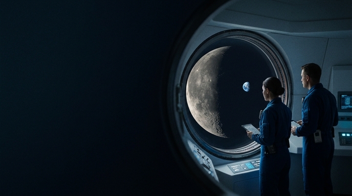Dos astronautas con uniformes azules observan la Luna y la Tierra desde el ojo de buey de la nave espacial Orion.