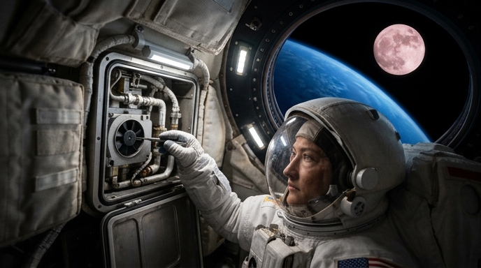 Astronauta repara el sistema de ventilación de la cápsula Orion con la Luna rosa de fondo.