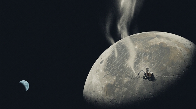 Ilustración de la Luna cuadriculada mientras una perforadora levanta polvo y la Tierra observa de fondo.