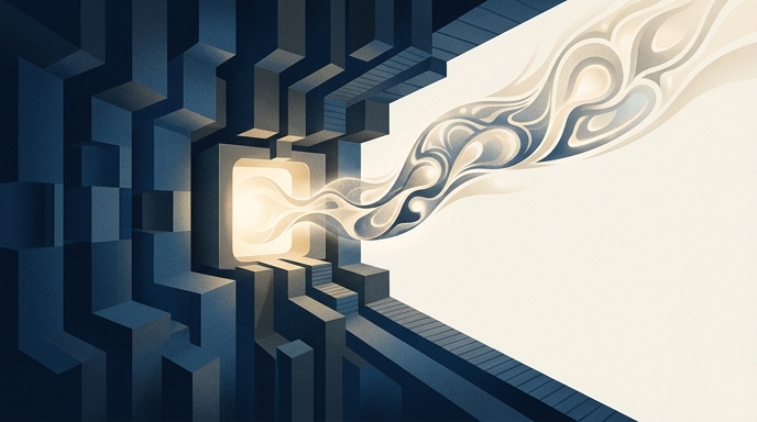 Ilustración editorial que muestra un flujo luminoso de inteligencia de IA integrándose elegantemente en una vasta arquitectura geométrica estructurada de formas azules y grises, capturando el momento monumental de la adquisición de DeepMind por parte de Google.