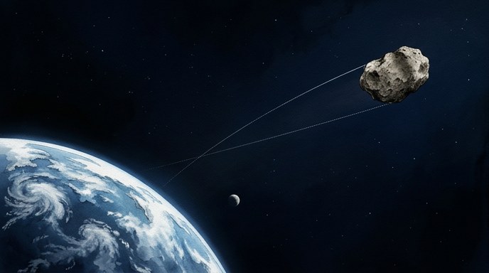 Ilustración de un asteroide pasando cerca de la Tierra y la Luna en el espacio oscuro.