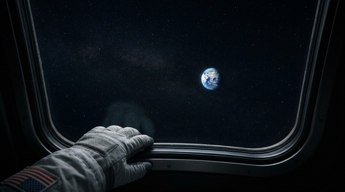 Vista desde el interior de la nave Orion, con una pequeña Tierra brillante en el vasto espacio profundo.